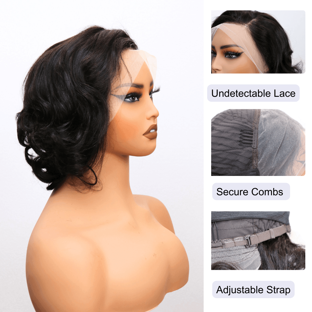 #59 13x4 Lace Pixie Wave Human Hair Wig 8 Inches