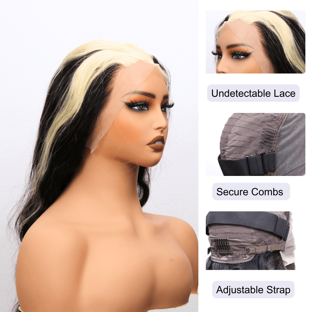 #76 13x4 Lace Body Wave Blonde Black Highlight Human Hair Wig