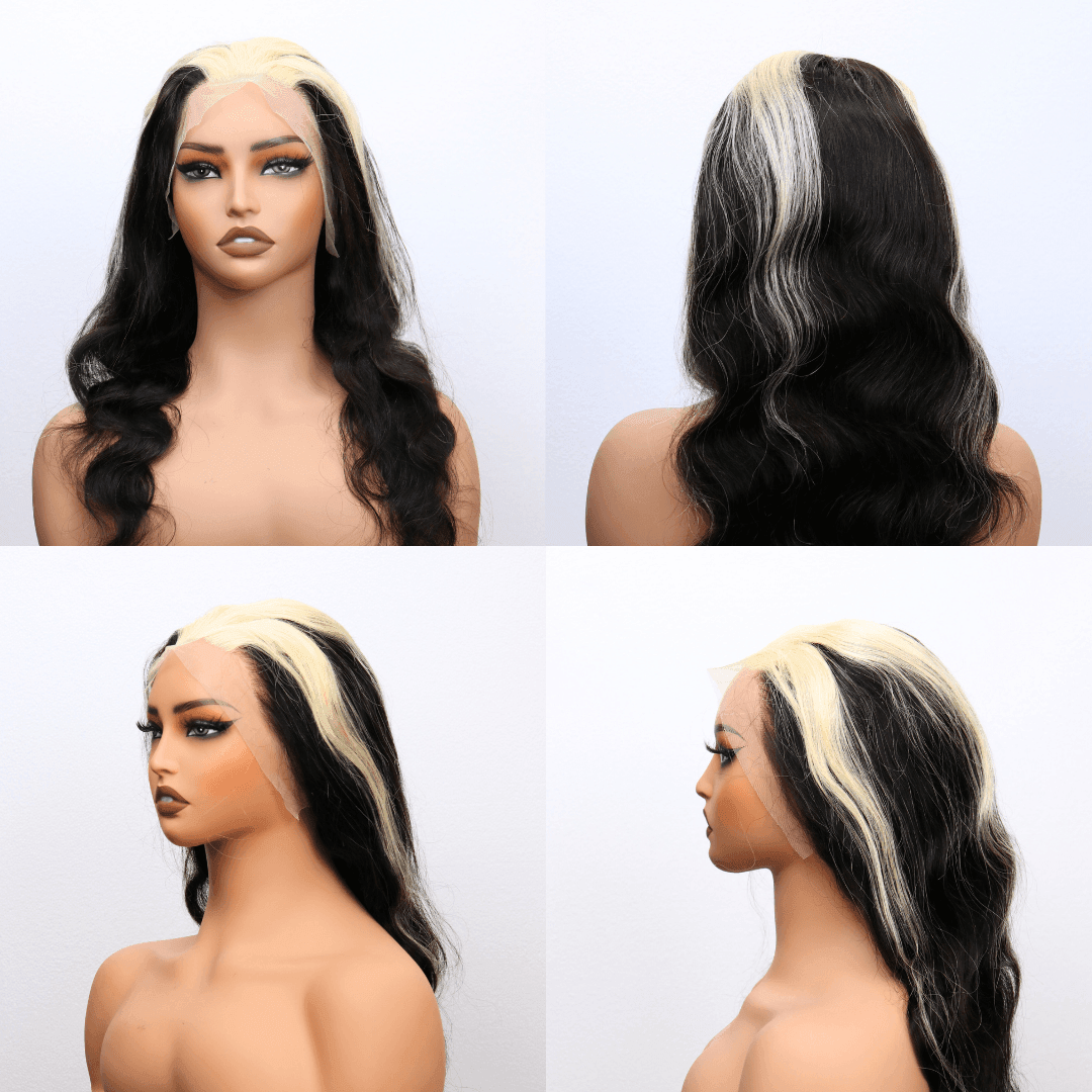#76 13x4 Lace Body Wave Blonde Black Highlight Human Hair Wig