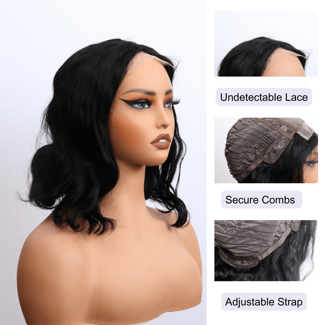 #140 T Lace Body Bob Black Human Hair Wig 12 Inches