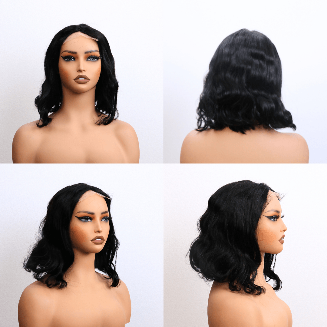 #140 T Lace Body Bob Black Human Hair Wig 12 Inches