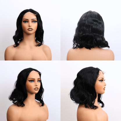 #140 T Lace Body Bob Black Human Hair Wig 12 Inches