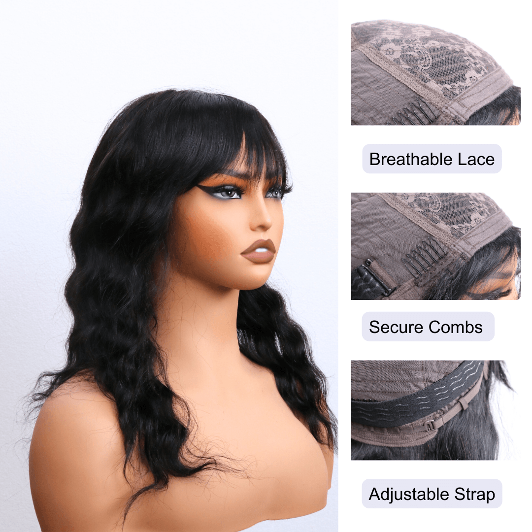 #145 Bangs Loose Wave Black Human Hair Wig 16 Inches