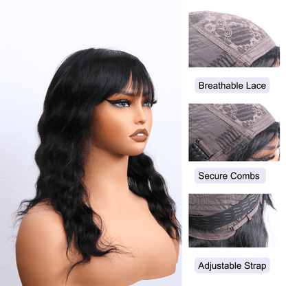 #145 Bangs Loose Wave Black Human Hair Wig 16 Inches