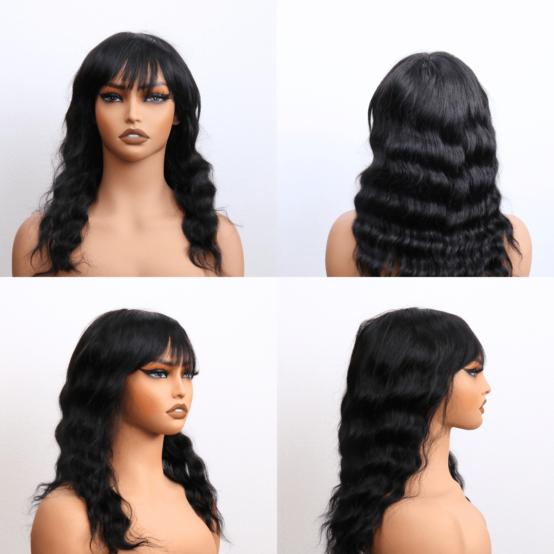 #145 Bangs Loose Wave Black Human Hair Wig 16 Inches