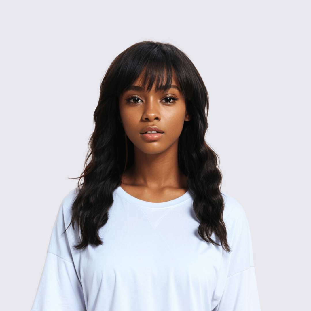 #145 Bangs Loose Wave Black Human Hair Wig 16 Inches